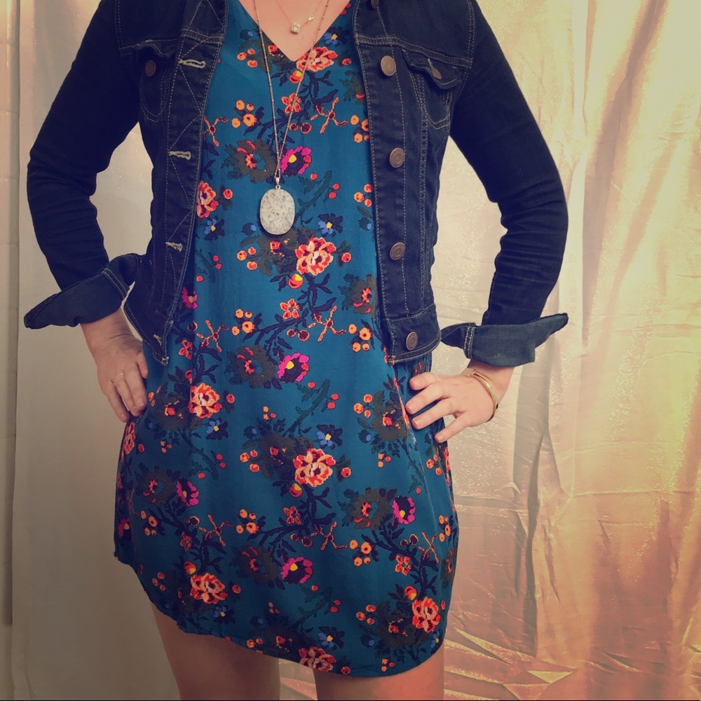 Teal Floral V-Neck Mini Dress